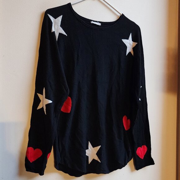 brit.ny Black Stars Hearts Scoop Neck Sweater Size Large - Picture 4 of 14